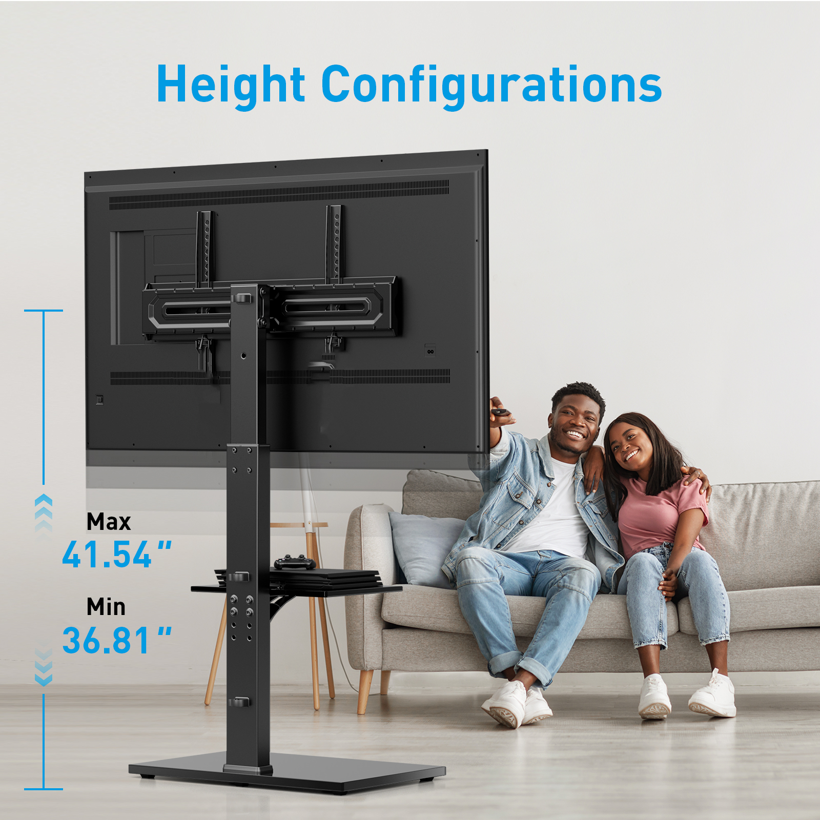 MountFTV Swivel Floor TV Stand with 8-Level Height Adjustment and Tilt for 30-75 inch TVs, Tall TV Stand with Mount Holds up to 110 lbs on Tempered Glass Base, Max 600x400mm