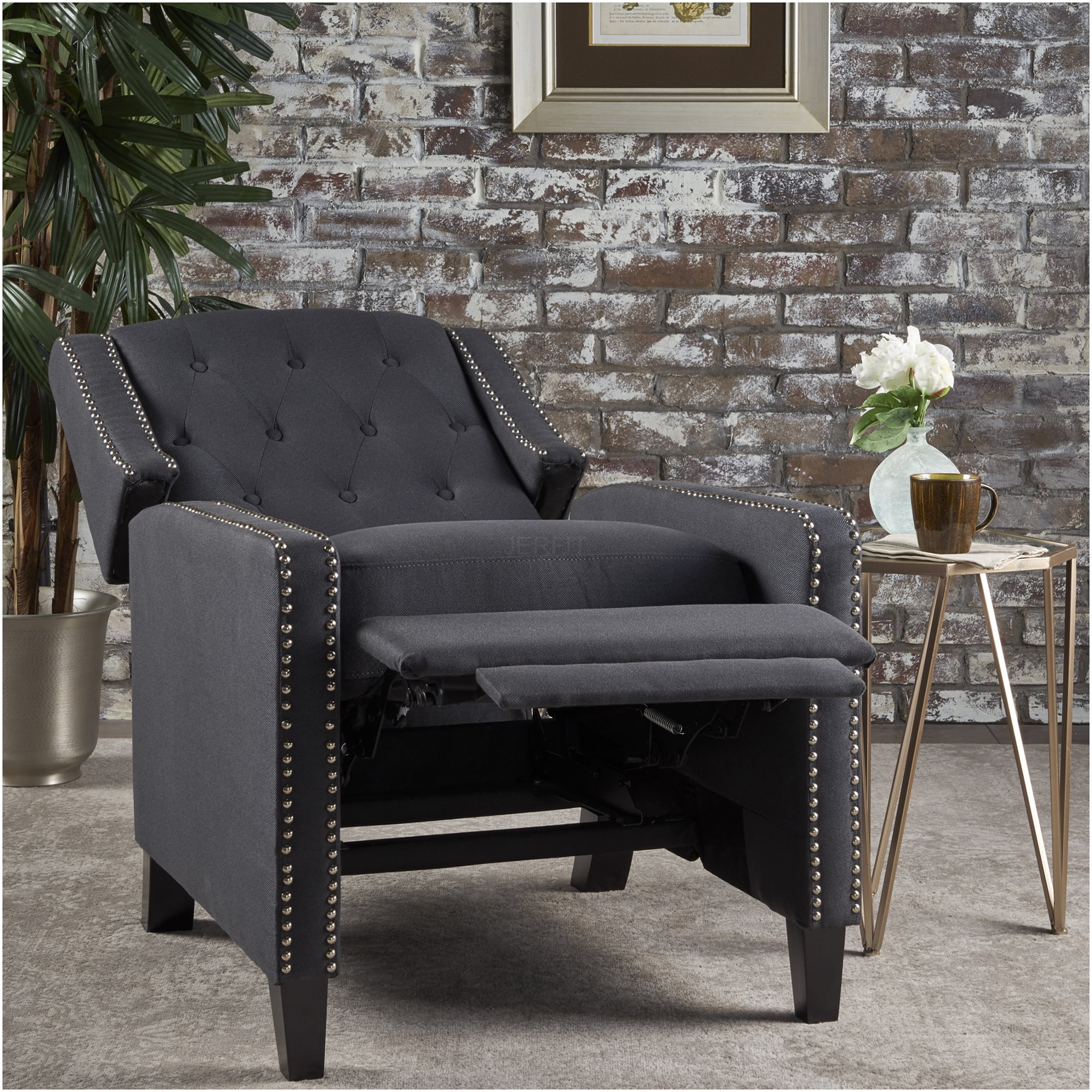 JERFIT Recliner Chair Dark Gray Fabric Push Back Reclining Armchair with Wood Legs for Living Room