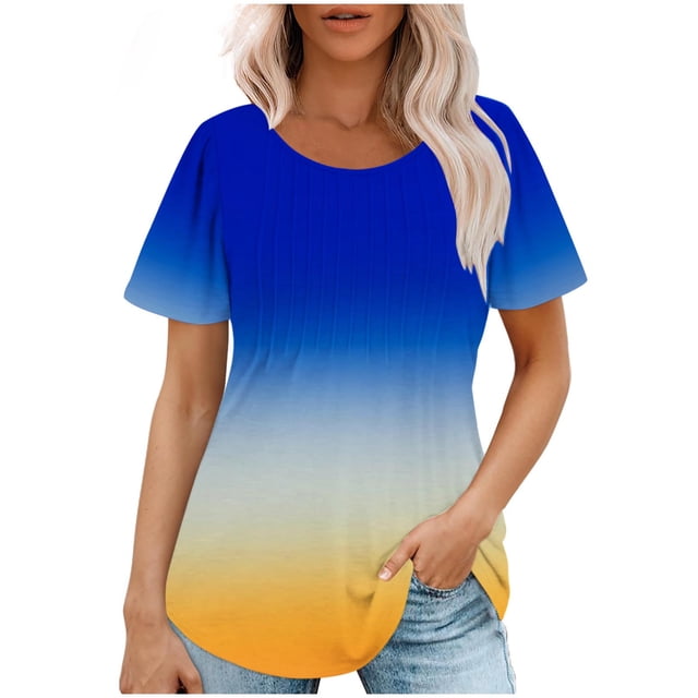 Plebaso Hauts pour Femmes Été Manches Courtes Col Rond Tunique Habillée Ample Mode Dégradé de Couleur Blouses