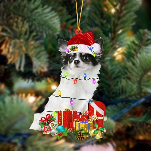 Acrylic 2D FLAT Long haired White Chihuahua-Dog Be Christmas Tree Hanging Ornament