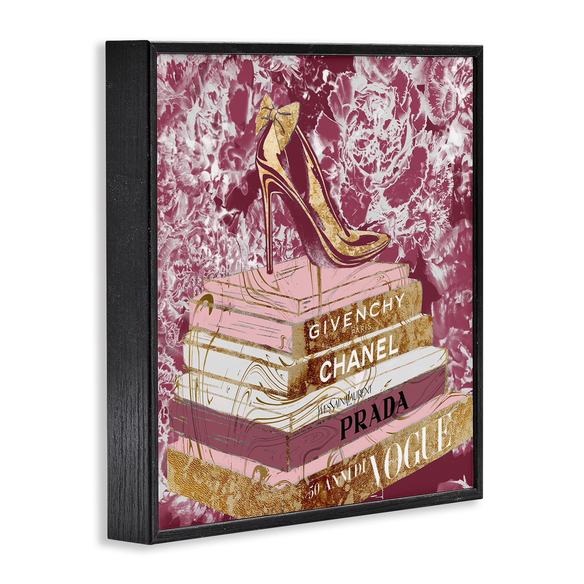 Stupell Industries Pink Glitz Heel on Bookstack Beauty & Fashion Painting Black Framed Art Print Wall Art, 17 x 17