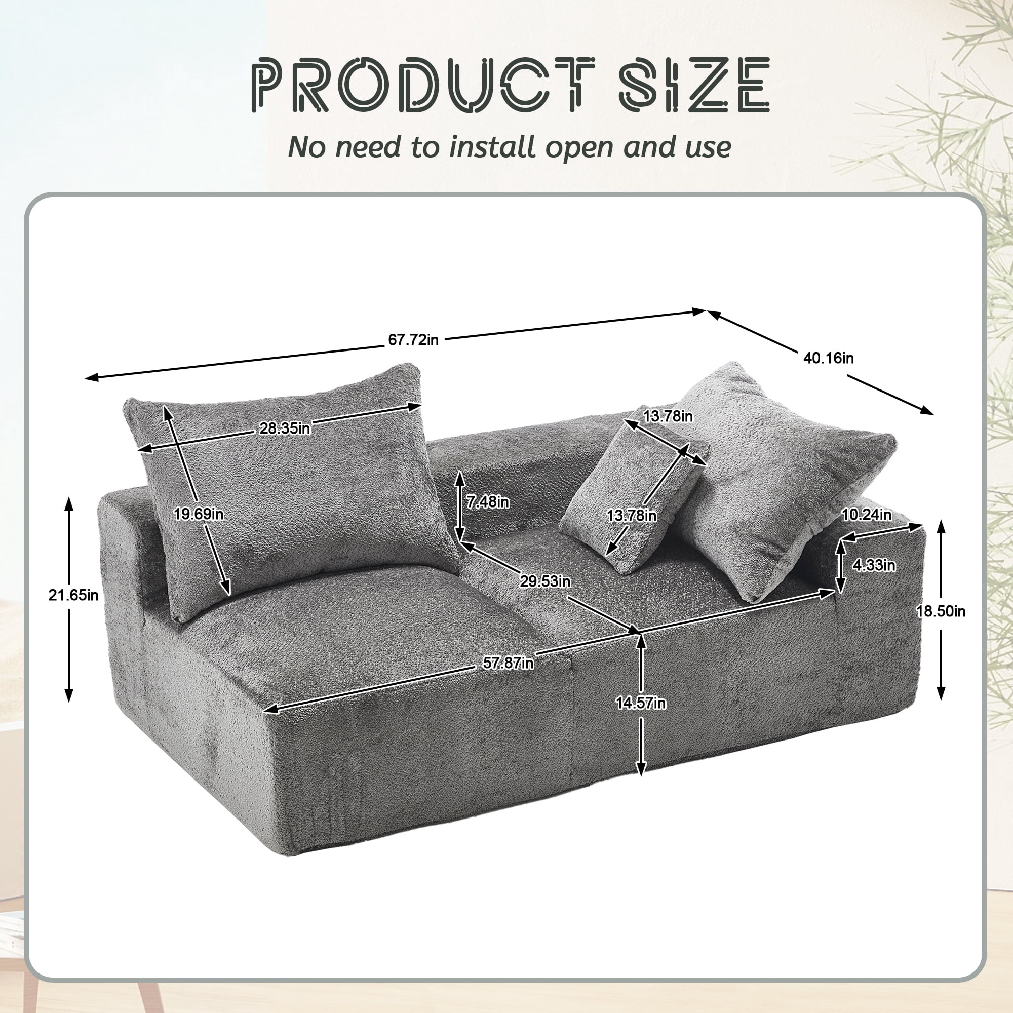 MOONMISS Boucle Upholstered Deep Seat Modern 2-Seater Lazy Leisure Sofa with 3 Pillows-Gray