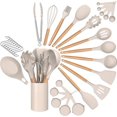 thumbnail image 1 of Juego de utensilios de cocina de silicona Wattne, 33 piezas, mango de madera, no tóxico, libre de BPA, cuchara de silicona, espátula, pinzas, utensilios de cocina antiadherentes con soporte (caqui)., 1 of 8