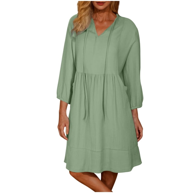 KIHOUT Robe Tunique pour Femme Été Couleur Unie Manches 3/4 Col en V Décontractée Ample Fluide Évasée Droite Robes Vert 2TG