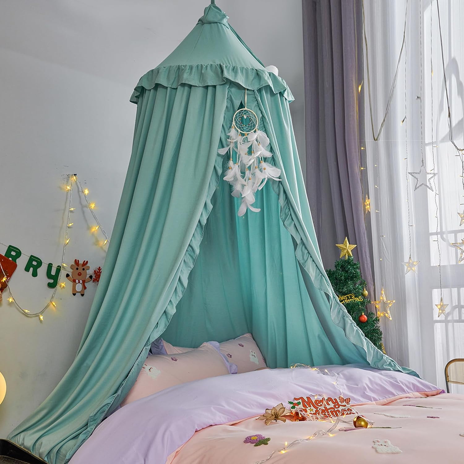 Bed Canopy for Girls,Princess Round Dome Dreamy Mosquito Net Bedding Girls Room Castle Play Tent Hanging House Decor Reading Nook Canopies (Green)