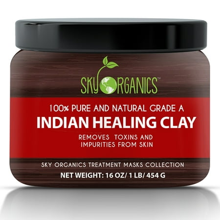 Indian Healing Clay By Sky Organics 16oz –100% Pure & Natural Bentonite Clay-Therapeutic Grade - Face Skin Care, Deep Skin Pore Cleansing, Detoxifying- Acne & Rejuvenating - Made in