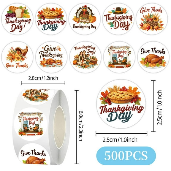 Thanksgiving Day Stickers Roll 500pcs Self Adhesive Round Labels for Holiday Party Envelope Gift Packaging Decorations