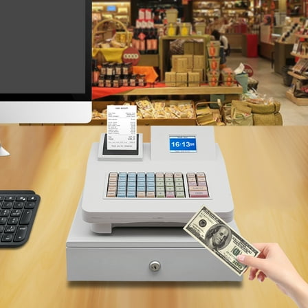 48-Button Cash Register Thermal Printing Technology Cash Register Cash with Cash Drawer Commercial Cash Register Two Displays for Retail, Restaurants, And Small Businesses