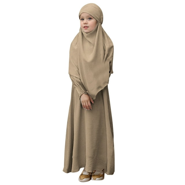 Wdgfv Robe de Prière Fille Musulmane Ramadan Vêtement Abaya Dubaï Islam Jilbeb Longue Robe Kaki 9-10 Ans