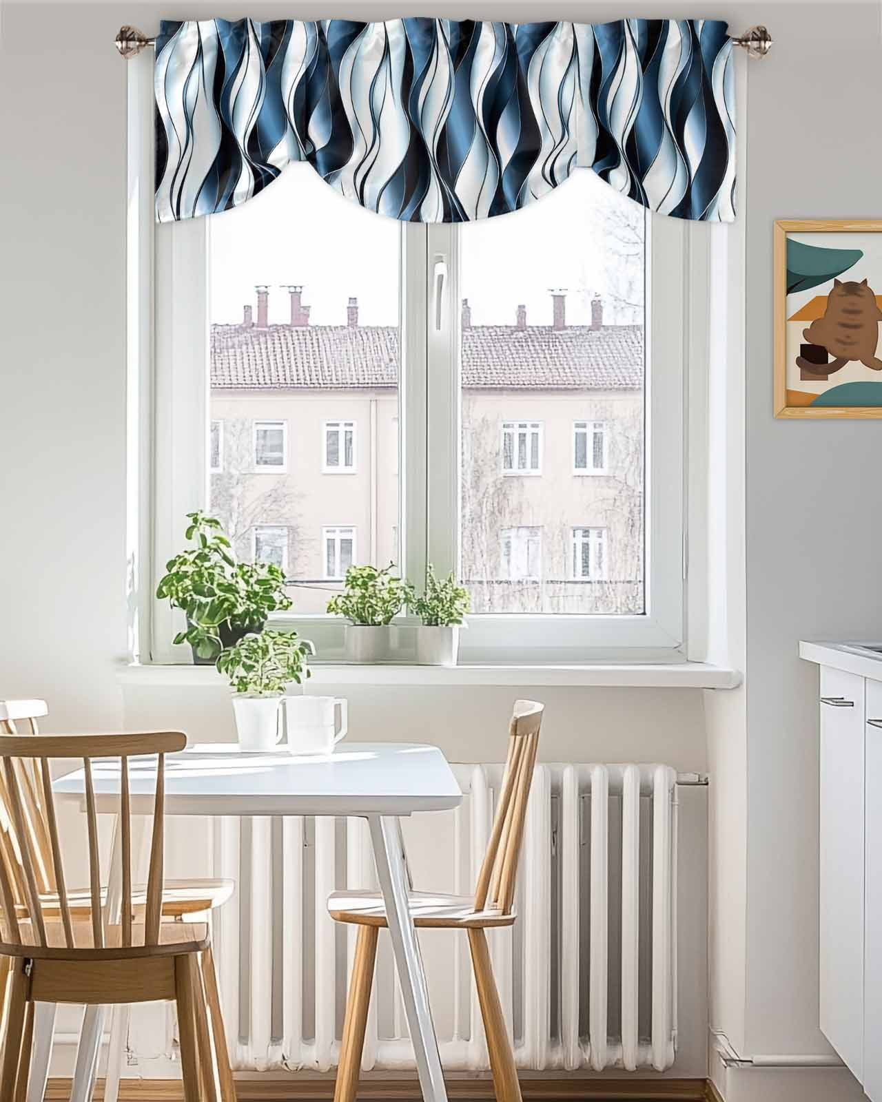 Steel Blue Gradient Line Tie Up Valances Curtain, Adjustable Kitchen Abstract Twist Valances for Windows Decor, Rod Pocket Short Curtains Set for Bedroom/Bathroom, 60"x18"
