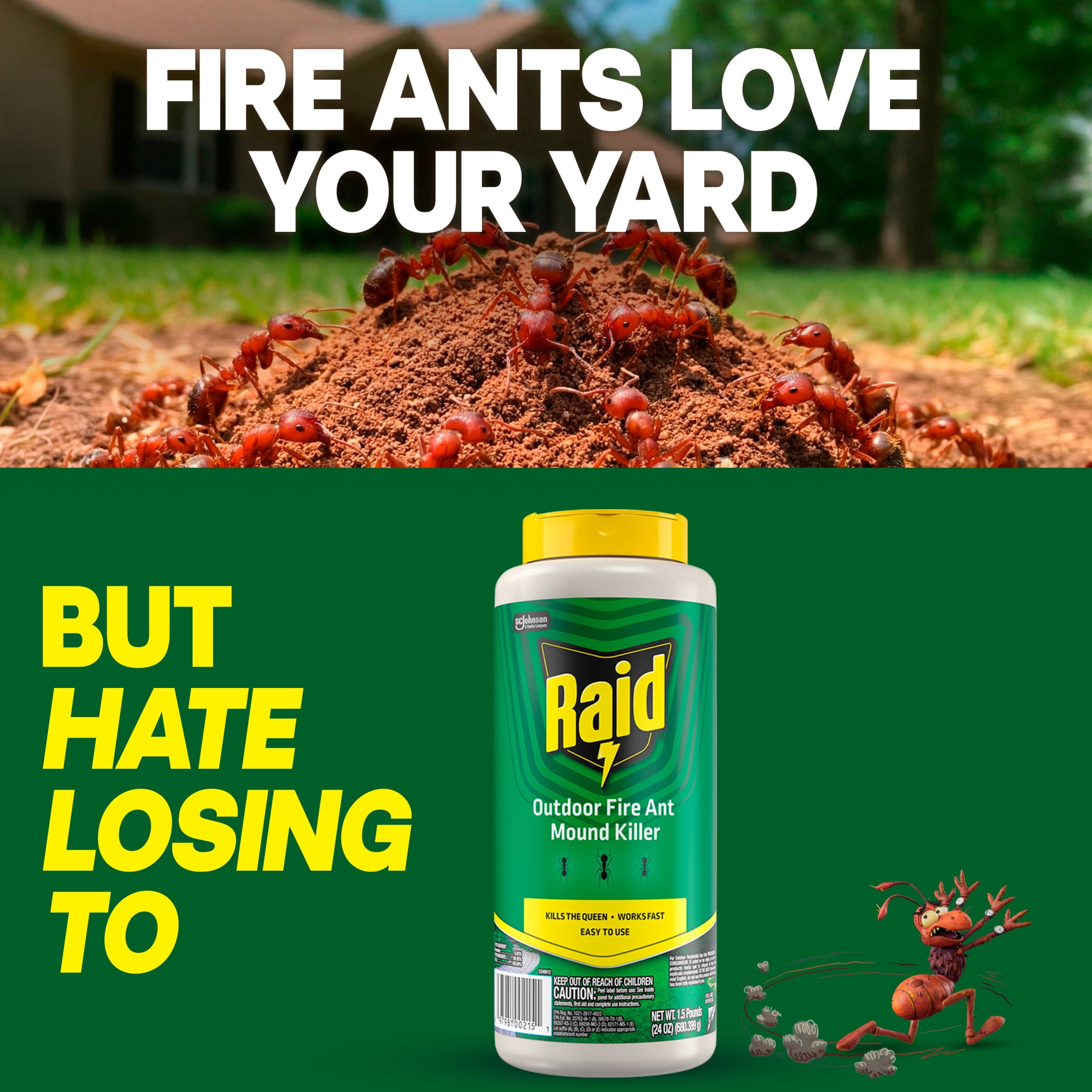Raid Outdoor Fire Ant Mound Killer, Dust Insecticide for Outside Household Use on Ants, Fire Ants and Termites, Lasts 1 Year, Kills the Queen, Works Fast and Easy-To-Use, 24 oz