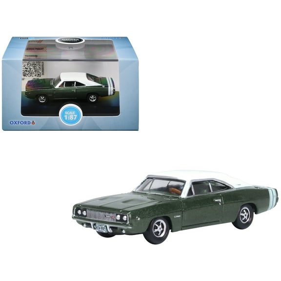1968 Dodge Charger Racing Green Metallic with White Top and Tail Stripe 1/87 (HO) Diecast Model Car by Oxford Diecast
