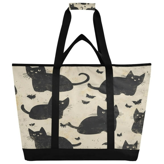 WOBOGO Black Cat Tote Cooler Bag Fold Flat Insulated Shopping Bag With Zipper For Work Picnic Beach Use 18×6.7×24in