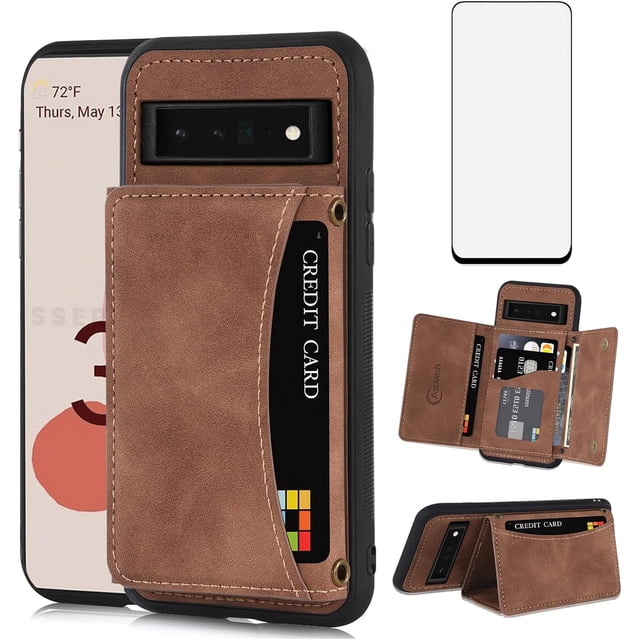 REQO Phone Case for Google Pixel 6 Pro Wallet Cover with Tempered Glass Screen Protector and PU Leather Credit Card Holder Stand Cell Accessories Pixel6Pro Pixel6 XL 6XL Pixle 6Pro 5G Women Men Brown
