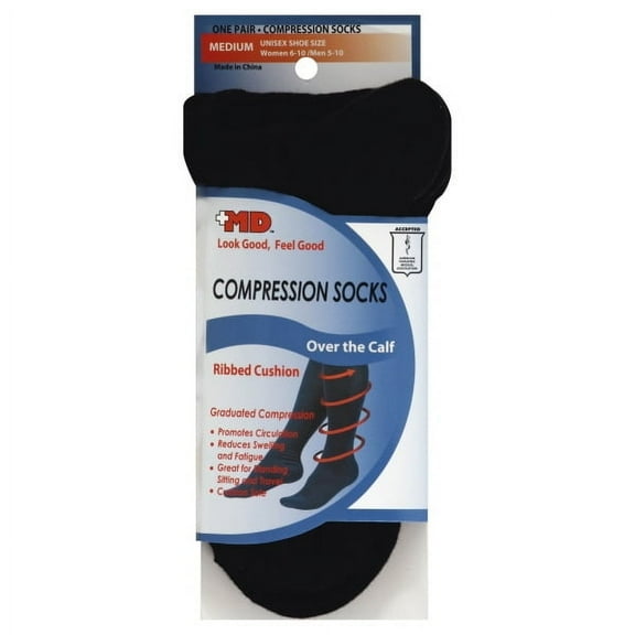 MD Medium Ribbed Cushion Cotton Black Compression Socks, 1 pair