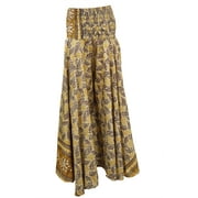 Mogul Women's Maxi Skirts Brown Vintage Silk Sari Smocked Waist Divided Long Skirts