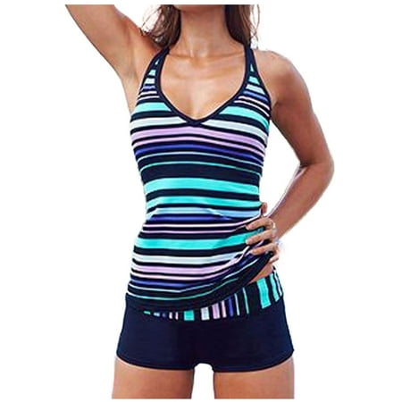 

Swimsuits Juniors Sports Romper V-neck Open Two Print Striped Women s Back Swimsuit Summer Piece Swimwears Tankinis Set Bathing Suits for Women plus Size with Underwire Bra
