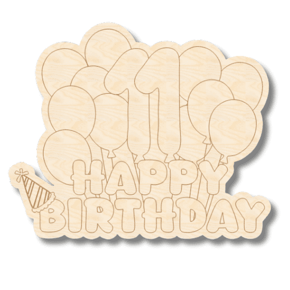 Unfinished Wood Etched 11th Birthday Balloons Shape | Paint By Line Crafts 24" / 1/4"