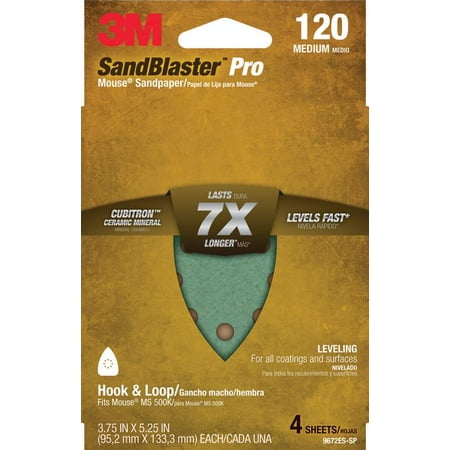 3M SandBlaster Mouse/Corner Cat Sandpaper Sheets, 120 grit, 4/pack