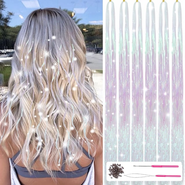 MISSUHUI Kit de oropel para el cabello con herramientas de 47 pulgadas, oropel de pelo de hadas resistente al calor, 6 piezas de 1200 hebras, extensiones de cabello con purpurina, extensiones de cabel