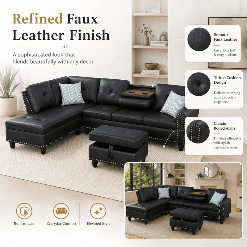 L-Shaped Sectional Sofa with Storage Ottoman, 4-Seat Modern Couch with Left-Facing Chaise and Built-In Cup Holders, Faux Leather Modular Sofa for Living Room, Apartment, Office