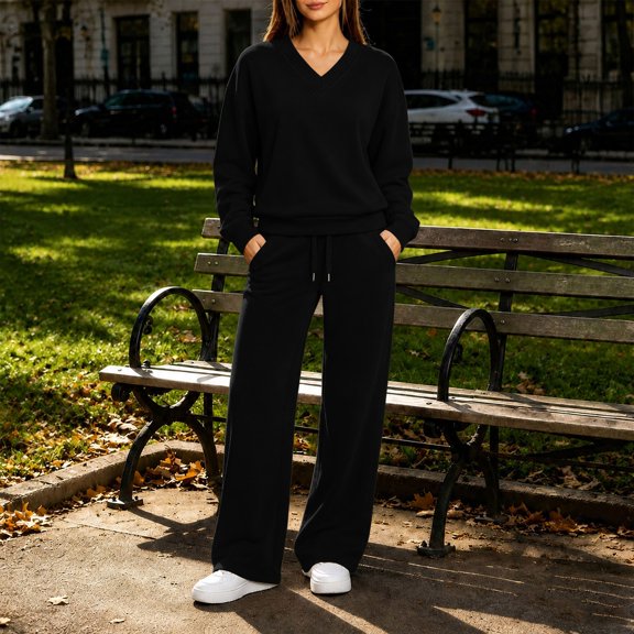 SELONE Running Outfits for Women Two Piece Long Sleeve Shirt High Waist Wide Leg Long Pants Work Vacation Sportswear Set