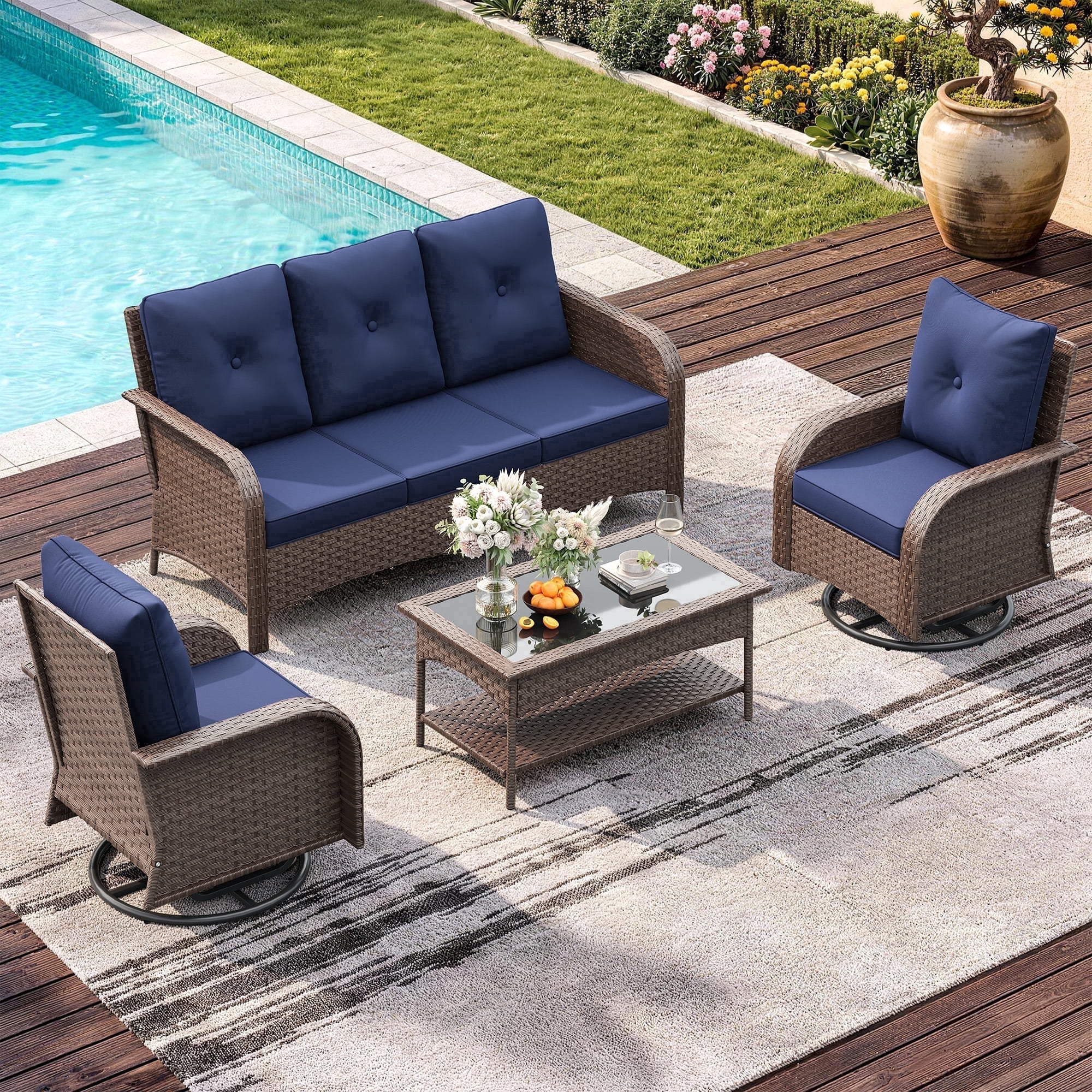 ELPOSUN 5-Seat Outdoor Patio Furniture Set, 5 Pieces All-Weather Wicker Rattan Outdoor Patio Sectional Sofa with Swivel Rocking Chairs, for Garden,Poolside,Backyard, Brown&Blue