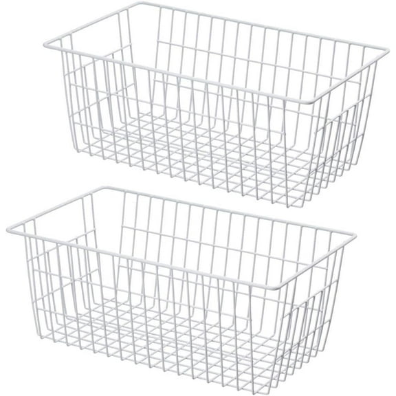 Manss Metal Wire Storage Baskets, Small Freezer Refrigerator Organizer Bins, Home Office Shelf Freezer Storage, Closets Organization Rack with Handles, Set of 2, White