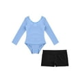 thumbnail image 4 of iiniim Kids Girls 2 Pieces Gymnastics Ballet Dance Outfits Long Sleeve Leotard with Shorts Set Blue&Black 8, 4 of 7