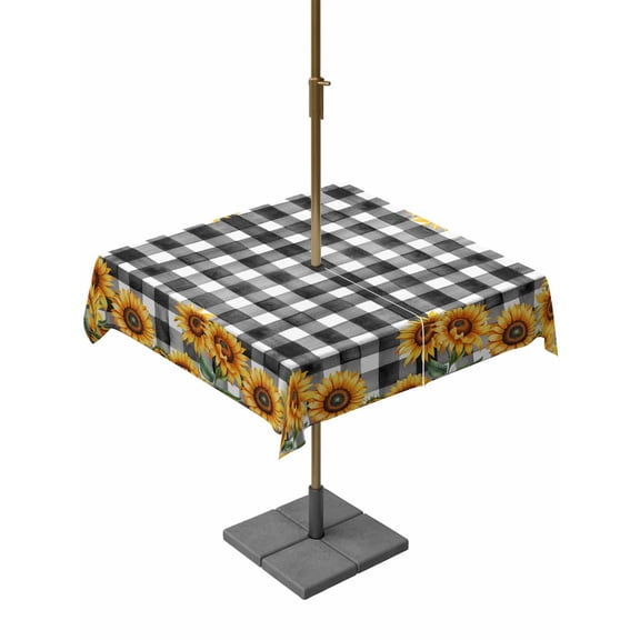 Outdoor Tablecloth with Umbrella Hole for Patio/Picnic/Party/Camping, Sunflowers Waterproof Table Cloth Square Cover Washable, Farmhouse Summer Floral Black White Plaid (54"x 54")