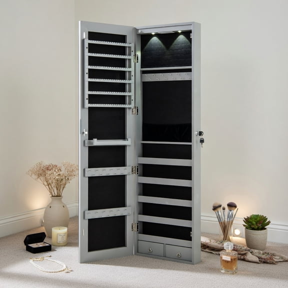 Resenkos Mirrored Jewelry Cabinet - Wall/Door Mount, Lighted Organizer, Space-Saving Design - Gray