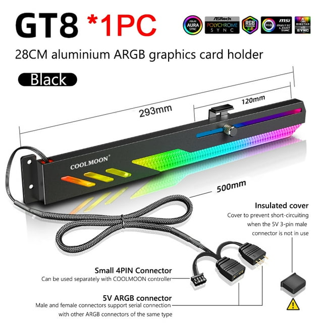 GT8 Horizontal GPU Support 5V ARGB Bracket Support Computer Video Card Stand GPU Holder PC Case Cooling Kit black 1Pc