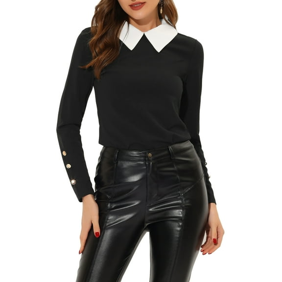 INSPIRE CHIC Christmas Peter Pan Collar Blouse for Women's Knit Contrast Neck Long Sleeve Party Top Shirt XS Black