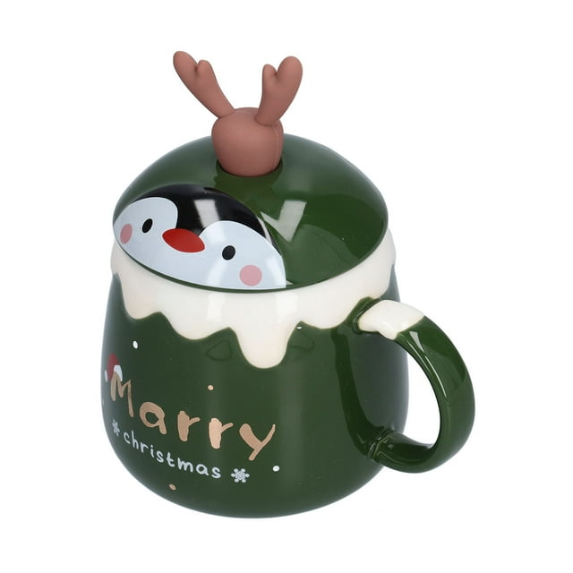 Coffee Cup, Christmas Cup Cute Elk Eco Friendly Ceramic 450ml Exquisite With Lid Spoon For Office For Kitchen For Bedroom Type B Green