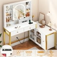 thumbnail image 3 of Blotout White and Gold Vanity with Sliding Mirror and Lights, Corner Vanity Desk, Dressing Table with Drawers, Power Outlets, for Women Girls Bedroom Room, 3 of 11