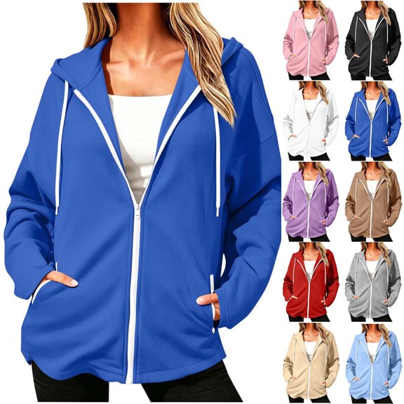 cocolona Hoodies for Women Solid Color Long Sleeve Fall Winter Drawstring Sweatshirts Loose Casual Zipper Jackets with Pockets