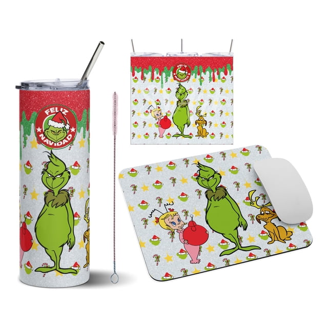 Termo Tumbler y Mouse Pad SVART 20 oz diseño El Grinch Feliz navidad MD9