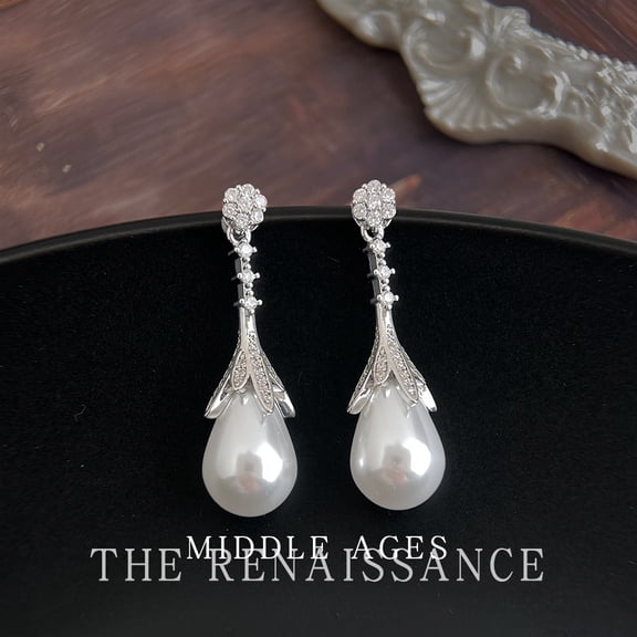 KKLDOGS Elegant Clear CZ Pave Floral Top Waterdrop Pearl Wedding Earrings, Luxury Silver Plated Chandelier Dangle Earrings for Women