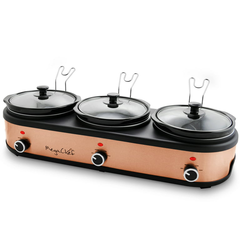 Megachef Triple 2.5 Quart Slow Cooker and Buffet Server in Brushed Copper  and Black Finish with 3 Ceramic Cooking Pots and Removable Lid Rests