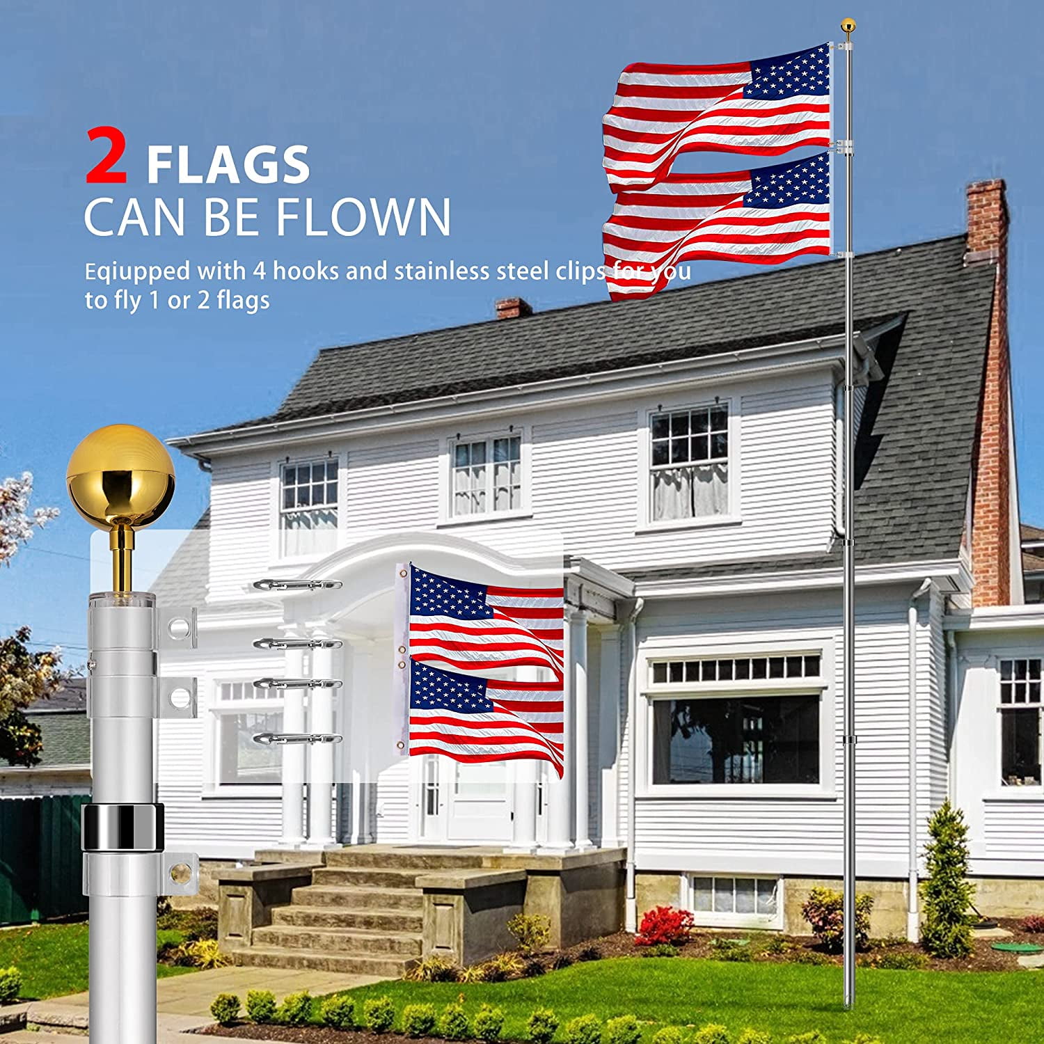 SPECSTAR 20FT Telescoping Flag Pole, with 3x5 Polyester American Flag and Golden Ball, Silver