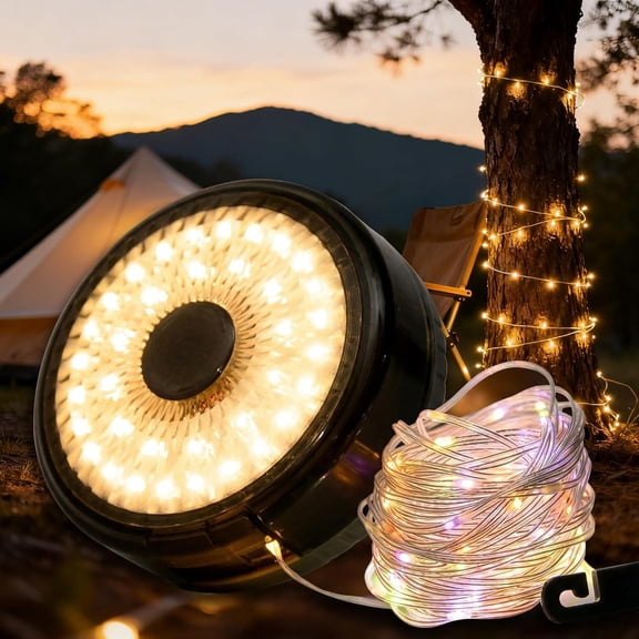 Solar Camping String Lights 32.8FT, 9 Lighting Modes 4 in 1 Portable  Camp Lantern, Retractable Rechargeable Fairy Lights with  Hook for Outdoor Tent Garden Patio RV Yard Essentials