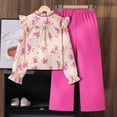 thumbnail image 4 of RUTAYY Girls Outfit Set Floral Print Ruffle Detail Stand Collar Long Sleeve Button Front Blouse Wide Leg Pants 2 Piece Children Set Red, 4 of 8