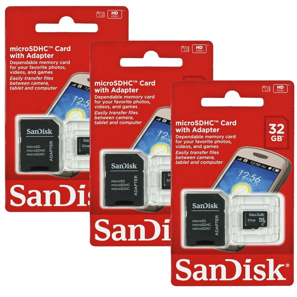 Pack of 3 Genuine SanDisk 32GB MicroSDHC High Speed Class 4 Card with