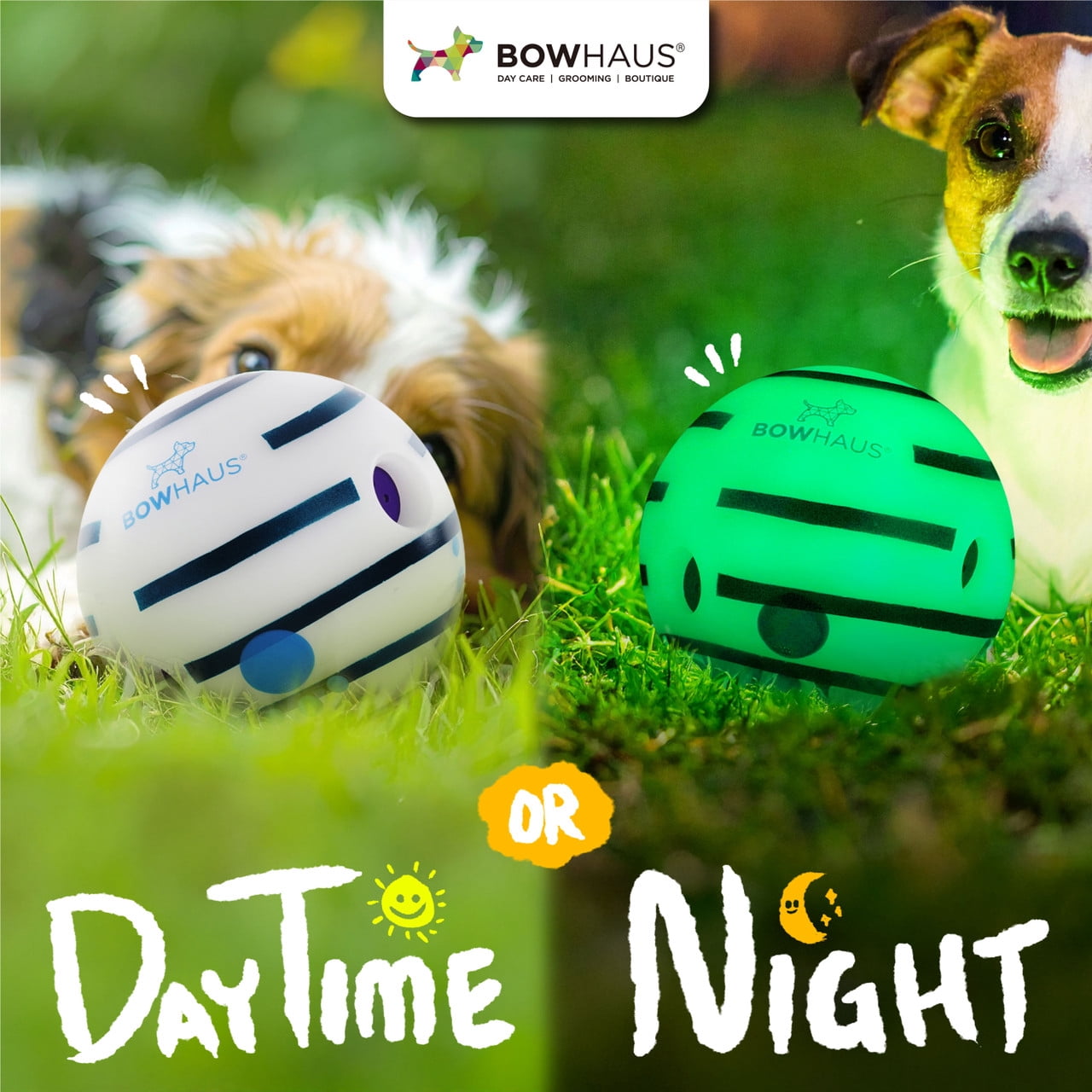BOWHAUS Giggle Glow in The Dark Ball for Dogs, 5.5 Inch Interactive Dog Exercise Toys, Indestructible Fun Squeaky Chew Toy, Non-Toxic Durable PVC Chew Ball for Indoor Outdoor Play