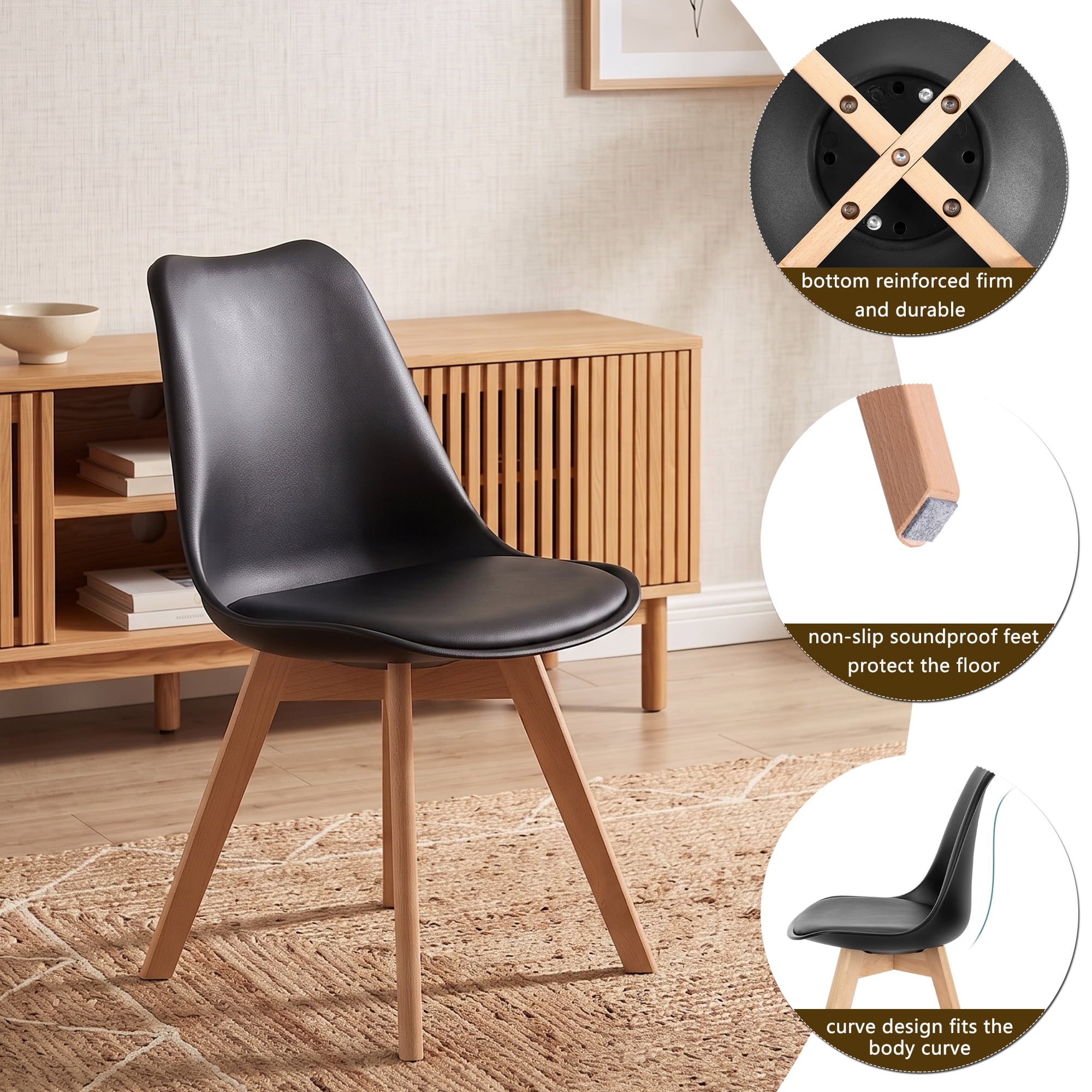 CONCETTA Set of 4 Dining Chairs with Padded Seats & Wooden Legs for Kitchen or Living Room, Black