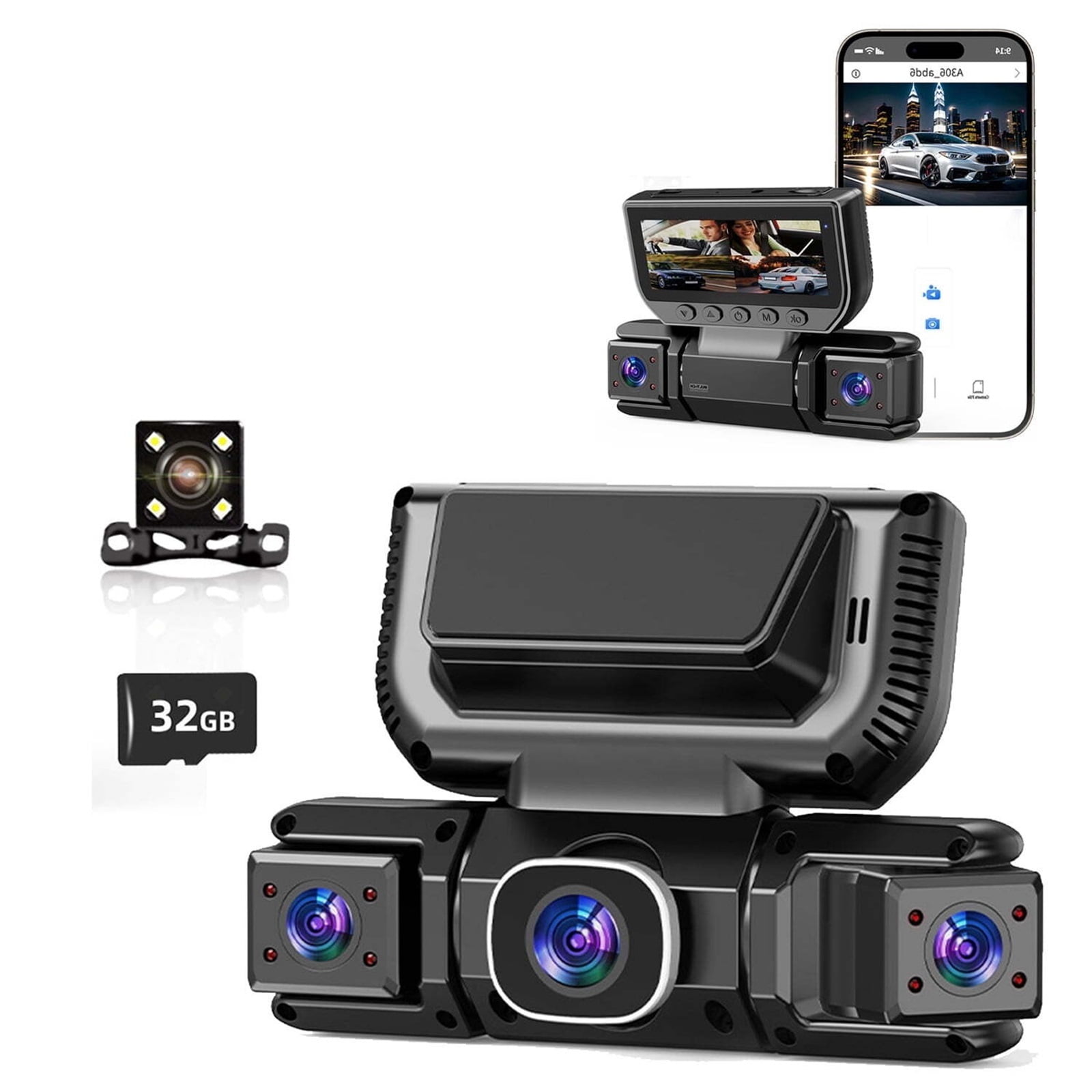 HPZZ 360° Car DVR WiFi 4Channels Dash Cam Video Recorder, 1080P FHD Car Dash cam Wireless - Dash Cam Front and Rear, 24-Hour Parking Monitoring Night Vision Monitoring Loop Recording (32G Card)