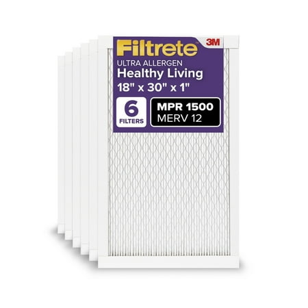 Filtrete 18x30x1 HVAC Furnace Air Filter, MPR 1500 MERV 12, Advanced Allergen Reduction, 6 Pack