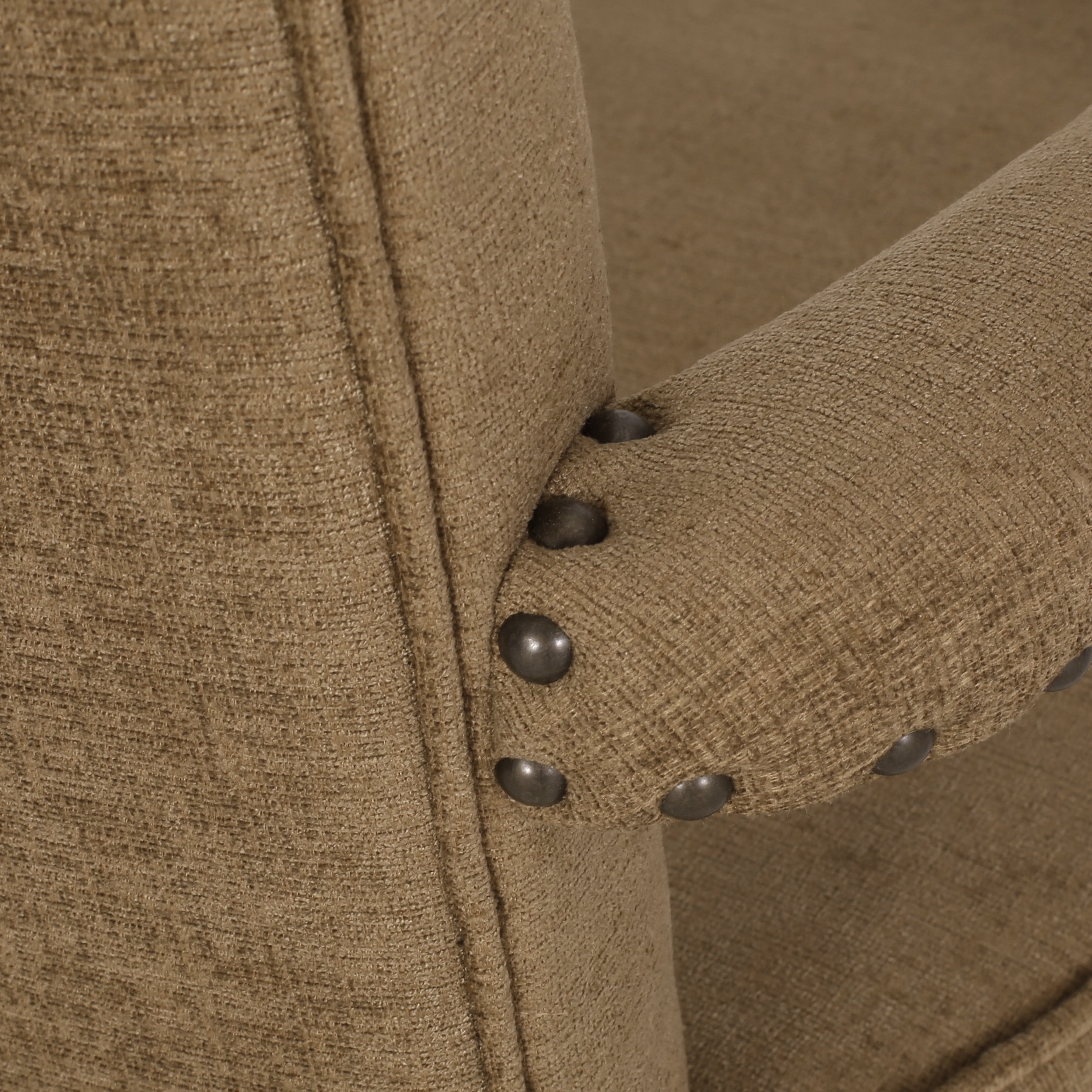 Noble House Ardson Fabric and Wood Dining Arm Chair with Nailhead Trim, Dark Beige and Natural Brown