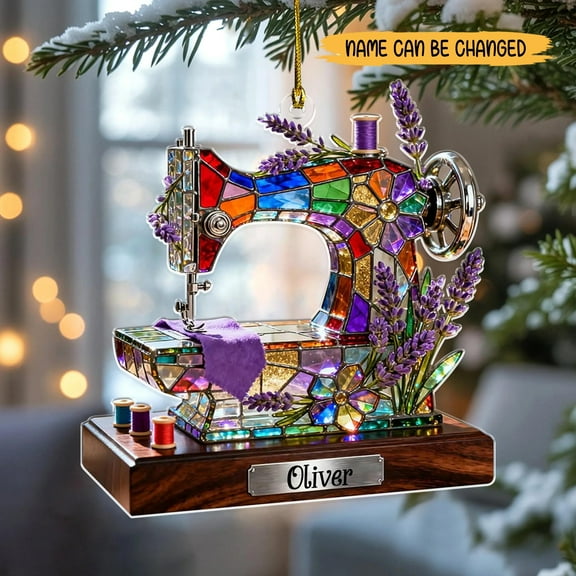 Personalized Sewing Machine Ornament , Custom Name Acrylic Stained Glass Look, Gift for Seamstress or Quilter, Christmas Tree Decoration