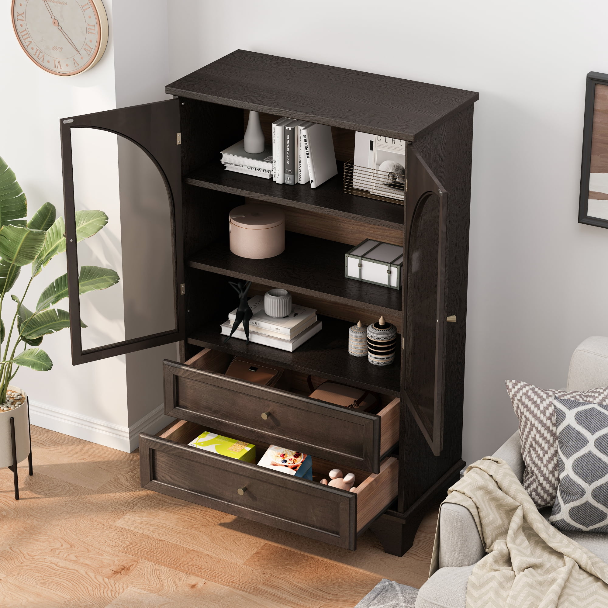 52.17"H Storage Cabinet with 2 Drawers and Adjustable Shelf,Modern Glass Door Curio Cabinet for Living Room,Bedroom,Kitchen,Office,Brown